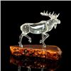 Image 1 : Hand Blown Art Glass Figurine, Moose on Burl Wood Stand