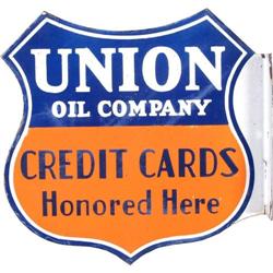 Union Oil Credit Cards  2 sided Porcelain Flange Sign