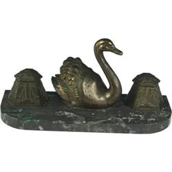 Bronze Swan Inkwell on Marble Base 7 Double iron inkwel