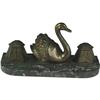 Image 1 : Bronze Swan Inkwell on Marble Base 7 Double iron inkwel