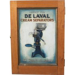 DeLaval Oak Display Cabinet w/Tin Sign & Product