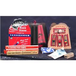 Lot of 9 Fishing Items:  Easel Back display w/ product