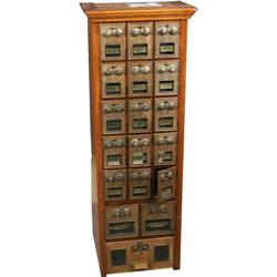 Bank of 18 Brass P.O. Boxes in Oak Cabinet 9 x 13 x 41"