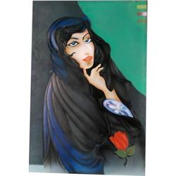 Pair of engraved glass windows depicting painted women