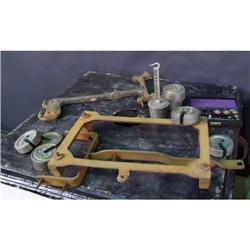 Box lot of miscellaneous scale weights and parts.