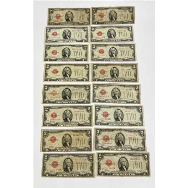 Lot of 16 Red Seal 1928 $2 Notes