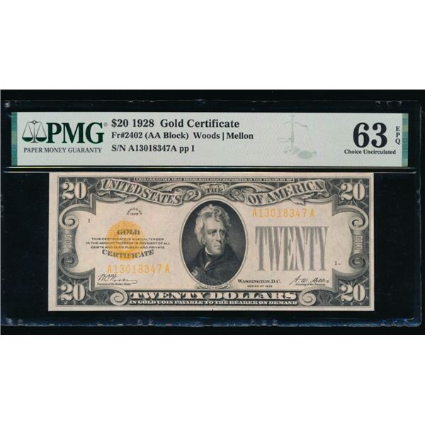 1928 $20 Gold Certificate PMG 63EPQ