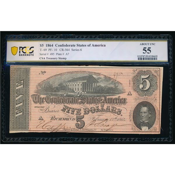 1864 $5 T-69 Confederate PCGS 55
