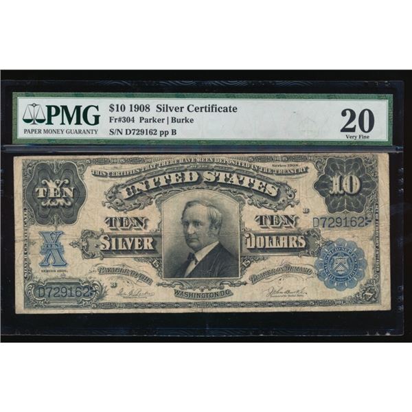 1908 $10 Tombstone Silver Certificate PMG 20