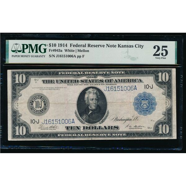 1914 $10 Kansas City FRN PMG 25