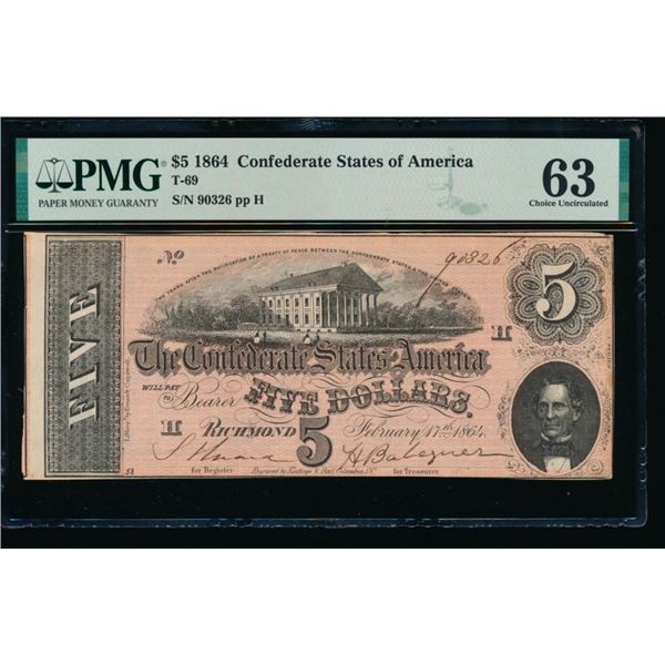 1864 $5 T-69 Confederate PMG 63