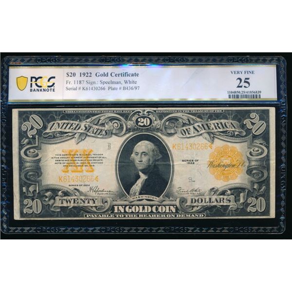 1922 $20 Gold Certificate PCGS 25