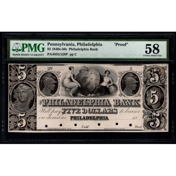 1840's-50's $5 Philadelphia Bank Note PMG 58