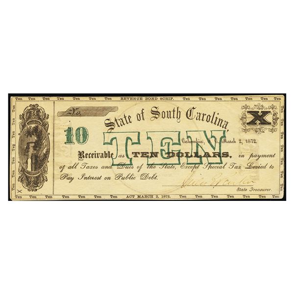 1872 $10 Columbia SC Note