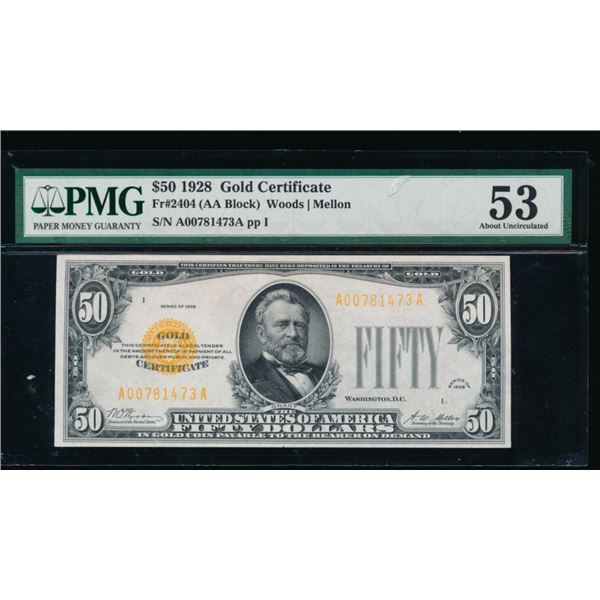 1928 $50 Gold Certificate PMG 53