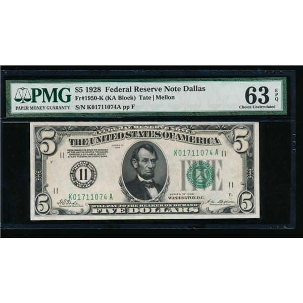 1928 $5 Dallas FRN PMG 63EPQ