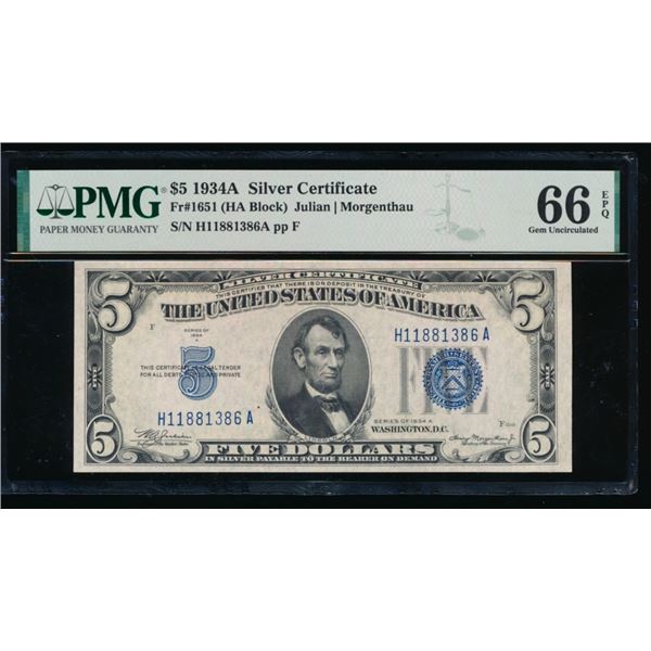 1934A $5 Silver Certificate PMG 66EPQ