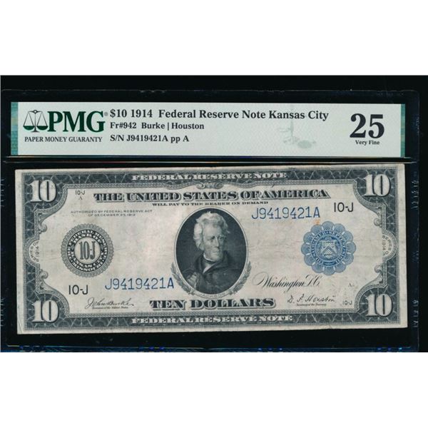 1914 $10 Kansas City FRN PMG 25