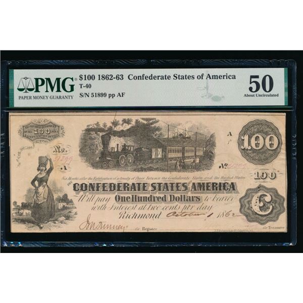 1862-63 $100 T-40 Confederate PMG 50