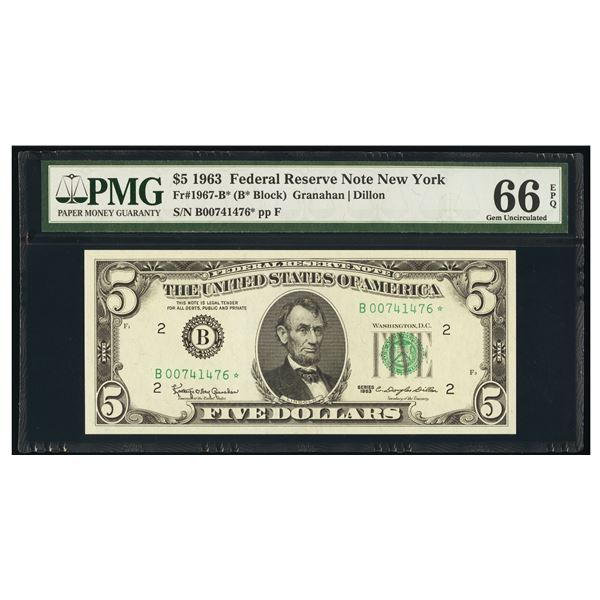 1963 $5 STAR New York FRN PMG 66EPQ