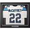 Image 1 : CHRISTIAN MCAFFREY SIGNED AND FRAMED PANTHERS JERSEY ( BECKETT COA) 24 X 36