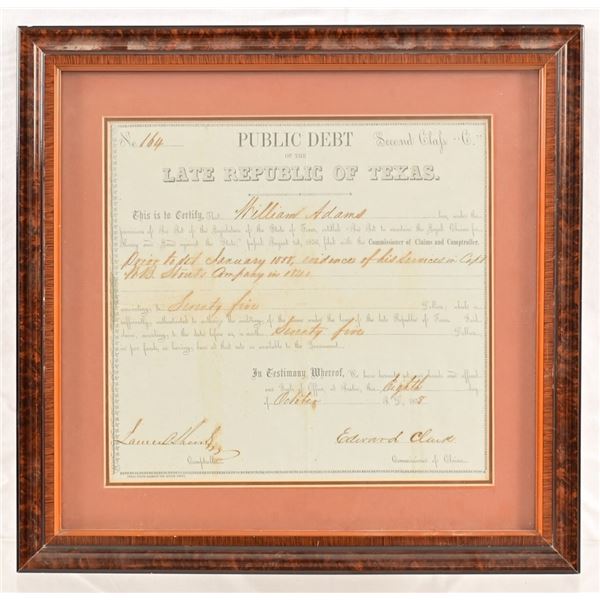 1858 Late Republic of Texas Debt Certificate