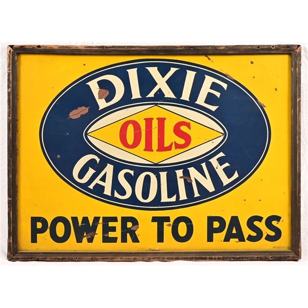 Dixie Oils Gasoline Tin Sign Wood Frame