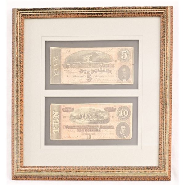 Framed 1864 Confederate $5 & $10 Notes