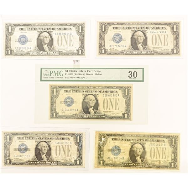 (5) 1928 $1 Silver Certificates