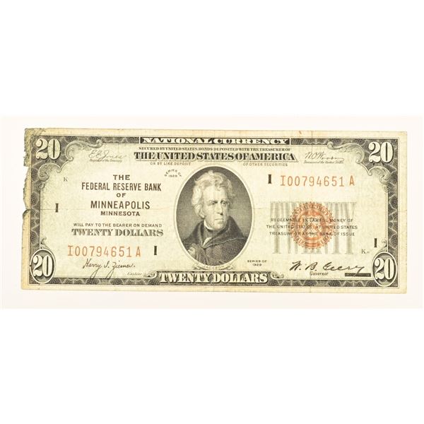 1929 $20 Federal Note of Minneapolis, Minnesota