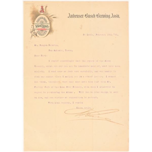 Adolphus Busch Signed Letter Alamo Beer Purchase