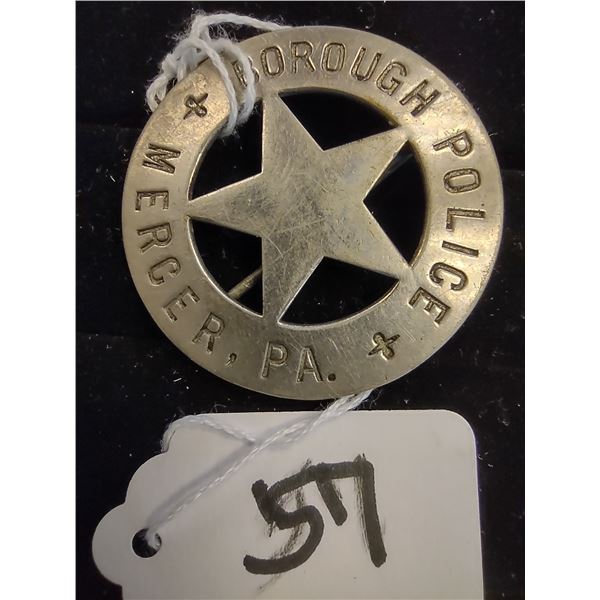 ANTIQUE BOROUGH POLICE BADGE, MERCER, PA