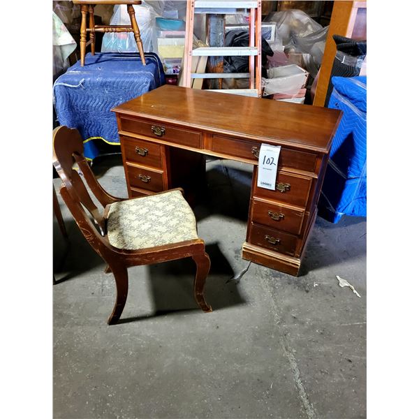 VINTAGE MAHOGANY DESK W/ UPHOLSTERED CHAIR