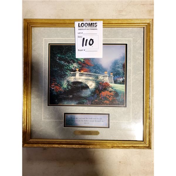 BEAUTIFUL "BROADWATER BRIDGE" BY THOMAS KINKADE, 14" X 14" FRAMED, W/ CERTIFICATE OF AUTHENTICITY