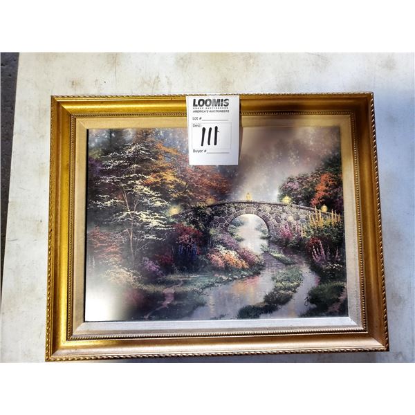 BEAUTIFUL "STILLWATER BRIDGE" BY THOMAS KINKADE, 19" X 15" FRAMED, SIGNED AND NUMBERED