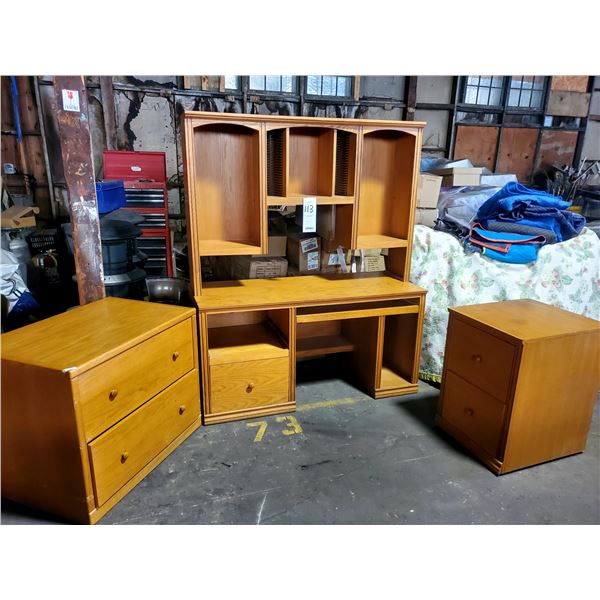 4 PC OAK SET: 2 PC COMPUTER DESK, 2 DRAWER FILE, 2 DRAWER DESK