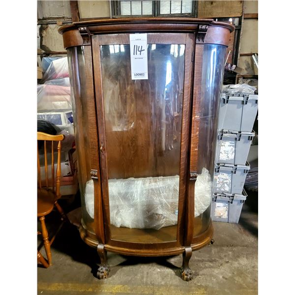 ANTIQUE BOW GLASS ONE DOOR CHINA CABINET, 66" X 44", 2 DAMAGED FEET