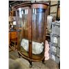 Image 2 : ANTIQUE BOW GLASS ONE DOOR CHINA CABINET, 66" X 44", 2 DAMAGED FEET