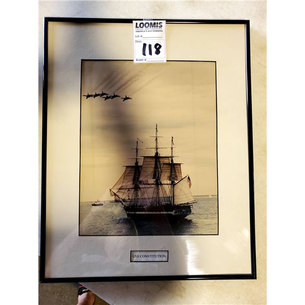 FRAMED PHOTOGRAPH OF THE "USS CONSTITUTION" W/ BLUE ANGELS FLY OVER BOSTON HARBOR