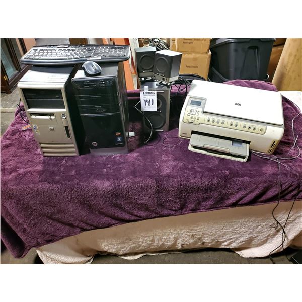 2 HP DESKTOP COMPUTERS (WINDOWS 7 & XP), KEYBOARD, MOUSE, SPEAKERS, HP C6280 PRINTER/SCANNER/COPIER