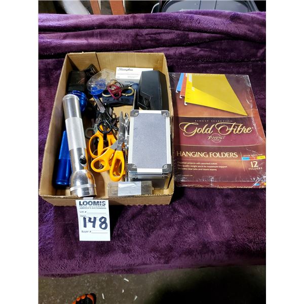 MISC OFFICE LOT, HANGING FILE FOLDERS, TAPE DISPENSER, SEVERAL PAIR OF SCISSORS, 2 FLASHLIGHTS, PILL