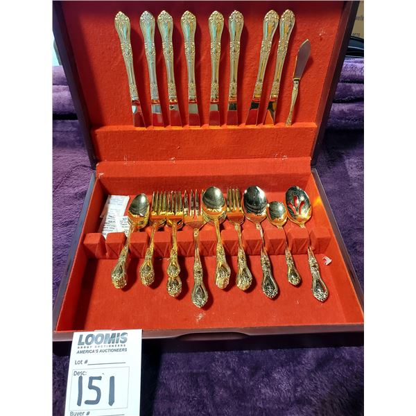 ROGERS FLATWARE IN ORIGINAL WOODEN BOX, W/ GOLD TONE FINISH (NEW)