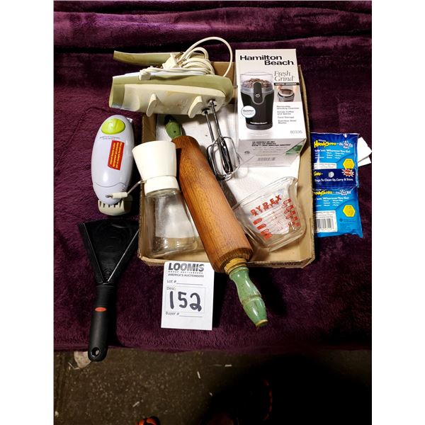 MISC. KITCHEN, BATTERY POWERED CAN OPENER, NEW COFFEE GRINDER, ROLLING PIN, MORE
