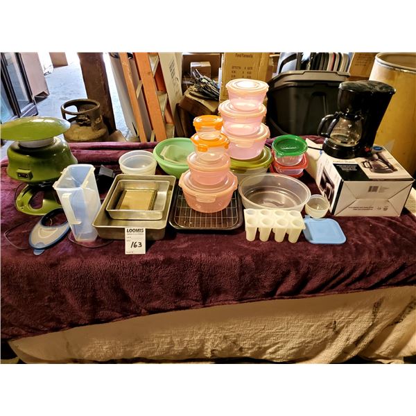 LARGE TABLE LOT: STORAGE CONTAINERS, COFFEE MAKER, BAKEWARE, RUSH HAMPTON ELECTRIC MOSQUITO/BUG CATC