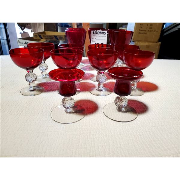 14 PCS OF RUBY RED GLASS: 6 GLASSES, 6 SHERBET GLASSES, 2 CANDLE STICKS