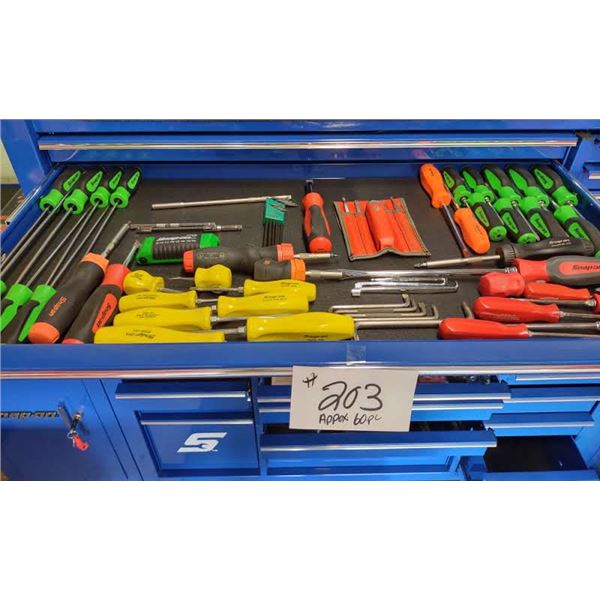 APPROX. 60 PC SNAP-ON ASSORTED SCREW DRIVERS AND OTHER ITEMS, IN NEW CONDITION
