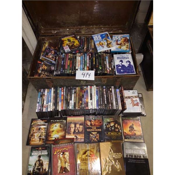 HUGE COLLECTION OF TOP MOVIES ON DVD, 100 OR MORE, CDS AND SOME VHS IN ANTIQUE METAL TRUNK (2 LAYERS
