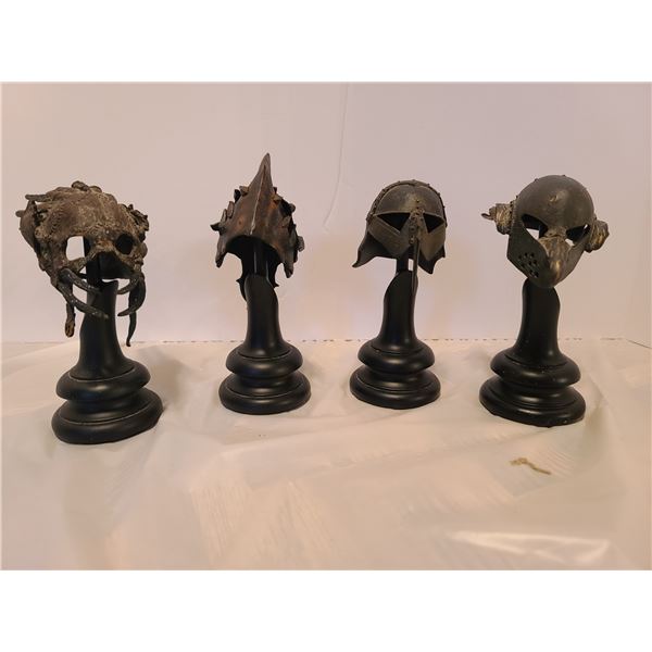 4 Piece Minature Moria Orc, Orc Hide, Helm of Frodo, Helm of Sam Orc Helmets lot, pewter/metal 6"
