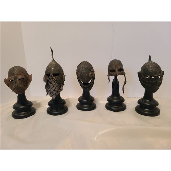5 Piece Minature Orc Iron Cap, CrowFaced, Trapiaw, Squinter, Legion Helmet lot, pewter/metal 6"