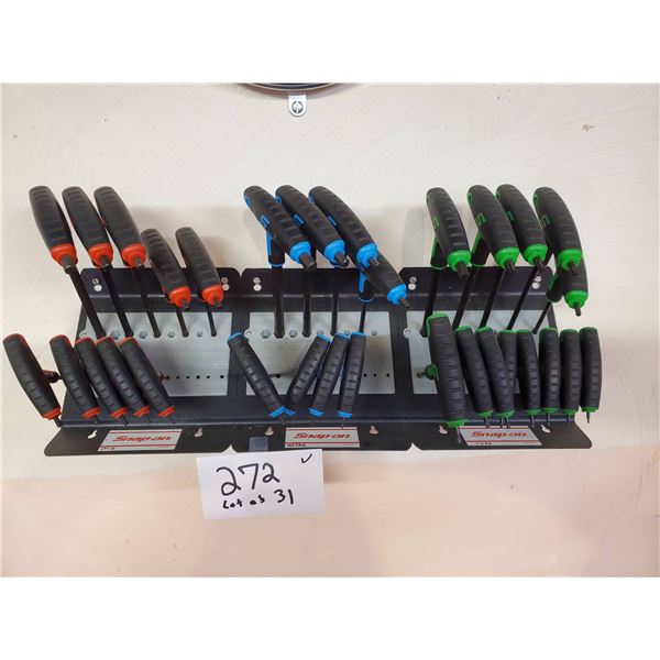 SNAP-ON LOT OF 31 PC ALLEN WRENCHES, SAE & METRIC, AND TORX, W/ WALL MOUNT